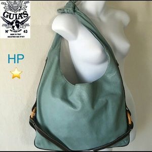 VtG RaRe🐬GuIa’S GeNuiNe ItaLiAn CalF sKin LeAtHer Teal BlUe BaMb0o HoB0 🔥